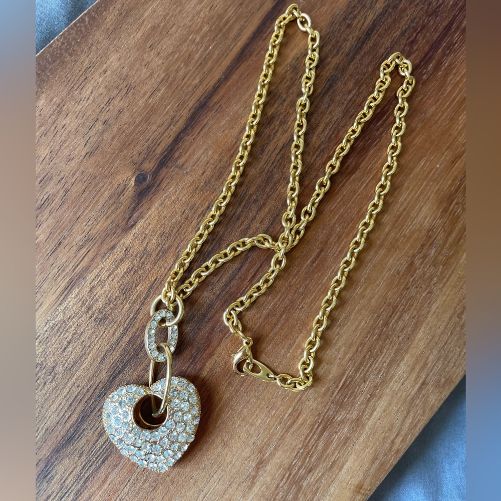 Gold Tone Rhinestone Heart Pendant Necklace Chain Love Valentine’s Chain Pave